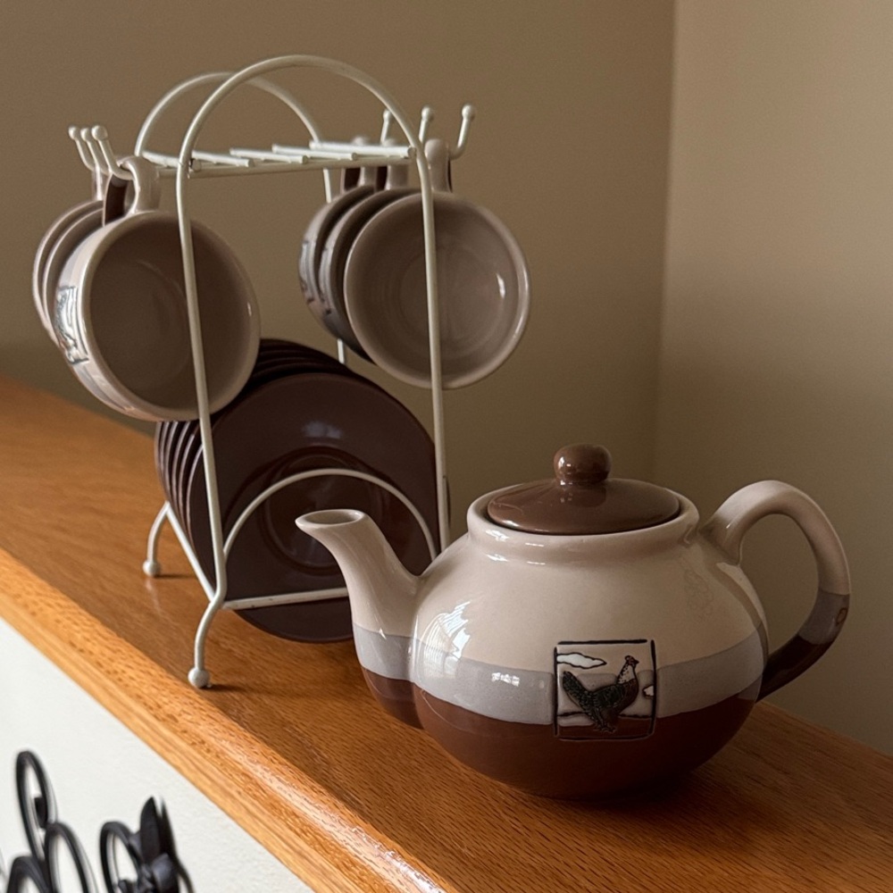 Vintage Beige and Brown Ceramic Tea Set with Storage Rack